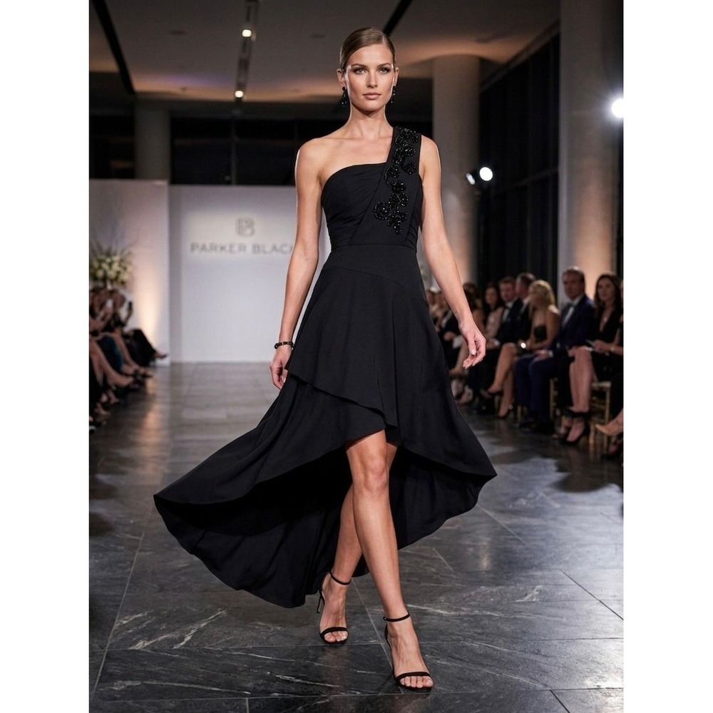 Parker Black One Shoulder Beaded High Low Formal Gown Dress B8F4601TFA Black 0